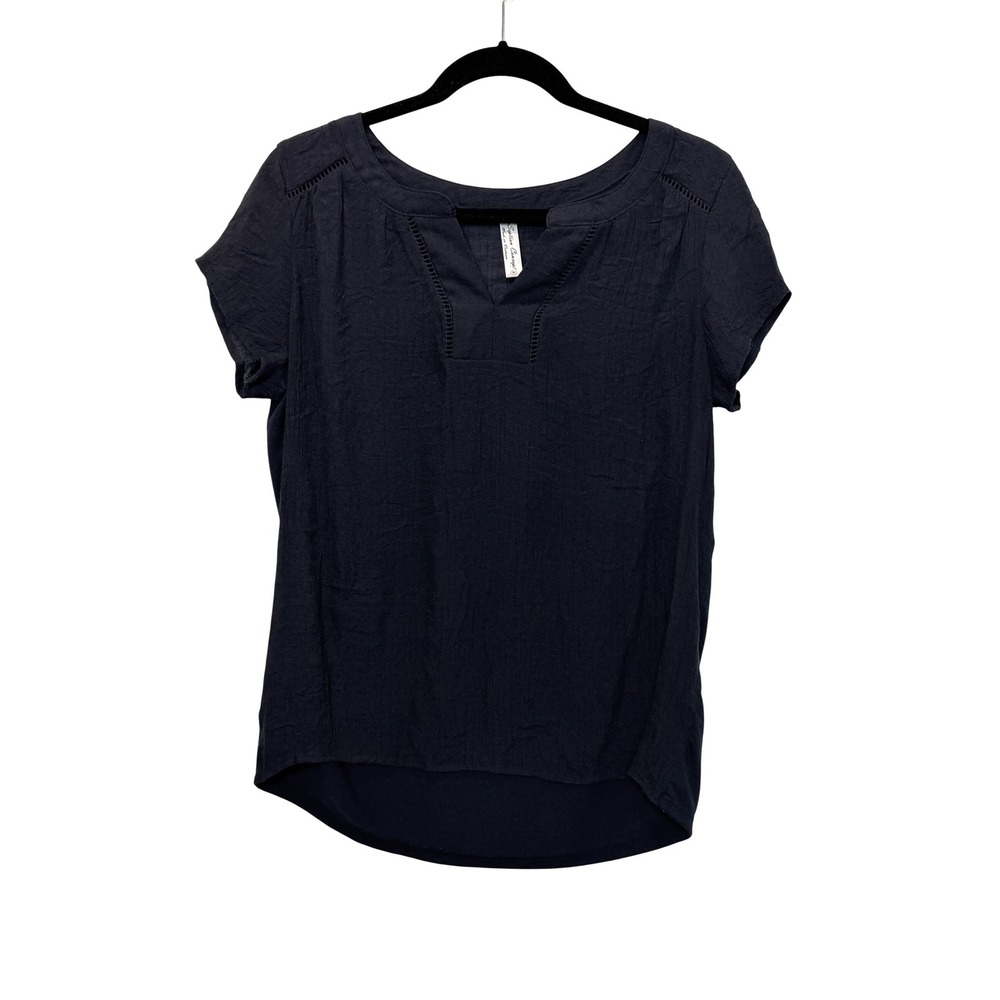 PerSeption Concept Navy Blue Split Neck Blouse Ladder Lace Trim Top Womens Sz M